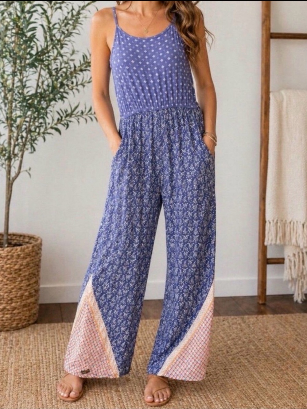 Matilda Jane Lets Go Together Open Road Jumpsuit XL Blue Mixed Print Wide Leg